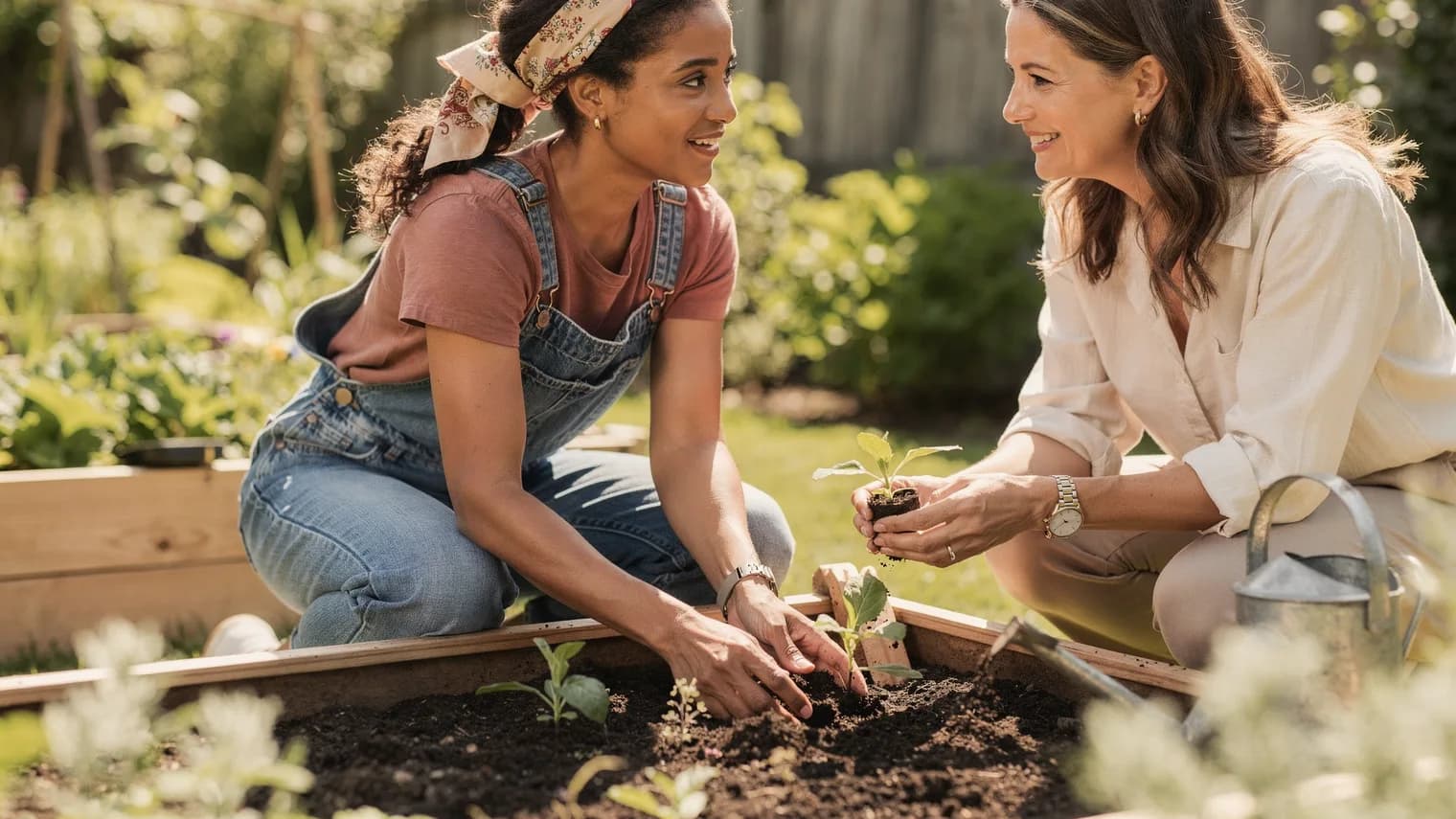 Two women kneel together in a garden bed, one planting a seedling while the other hands her the next, deep in conversation.