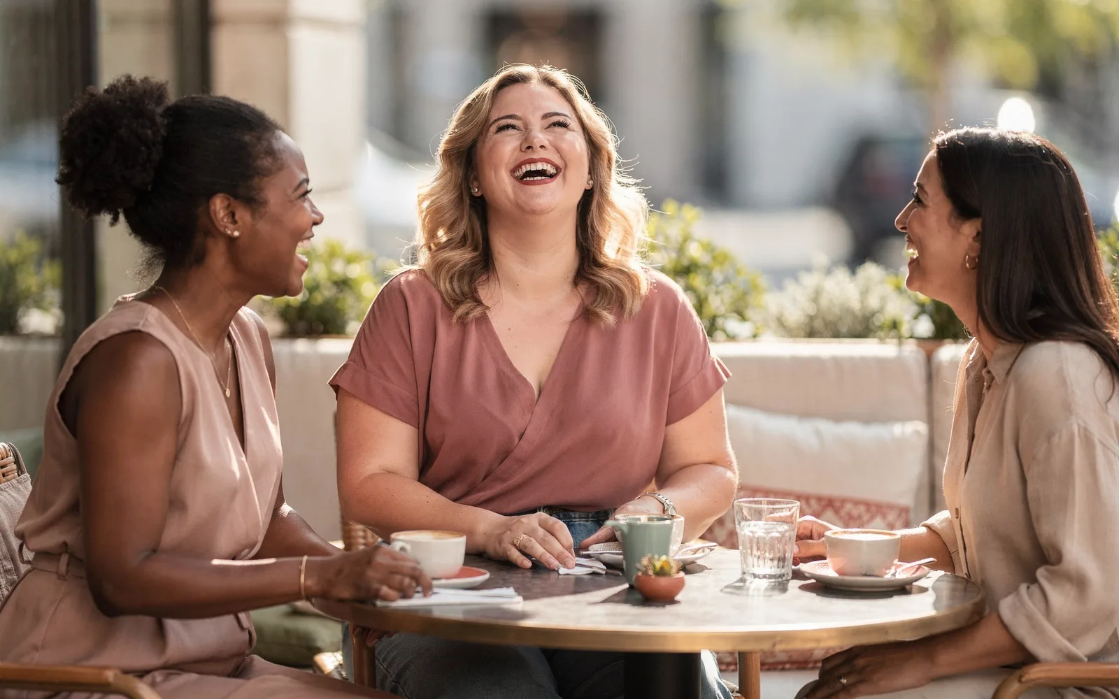 Woman laughing with her head tipped back at a sunny patio brunch table with friends.