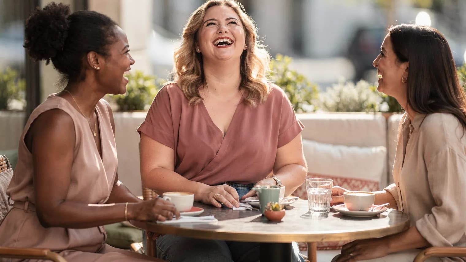Woman laughing with her head tipped back at a sunny patio brunch table with friends.