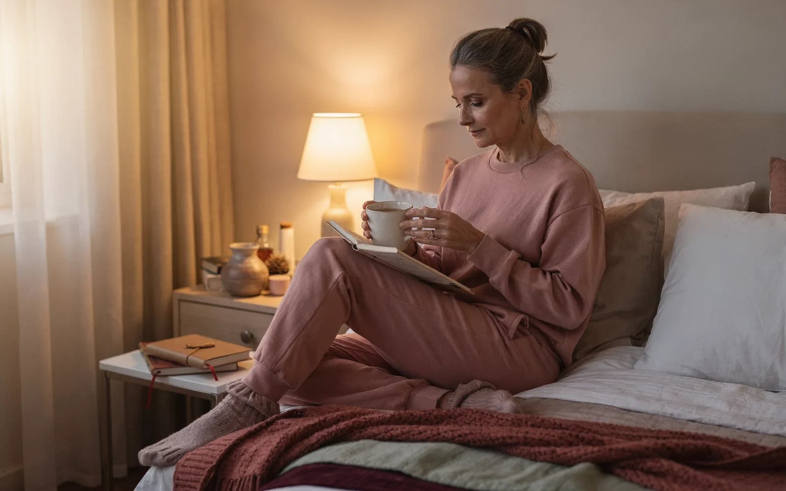 Woman curled in a window seat at dusk with tea and an open paperback.