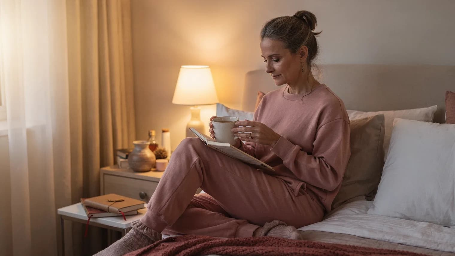 Woman curled in a window seat at dusk with tea and an open paperback.