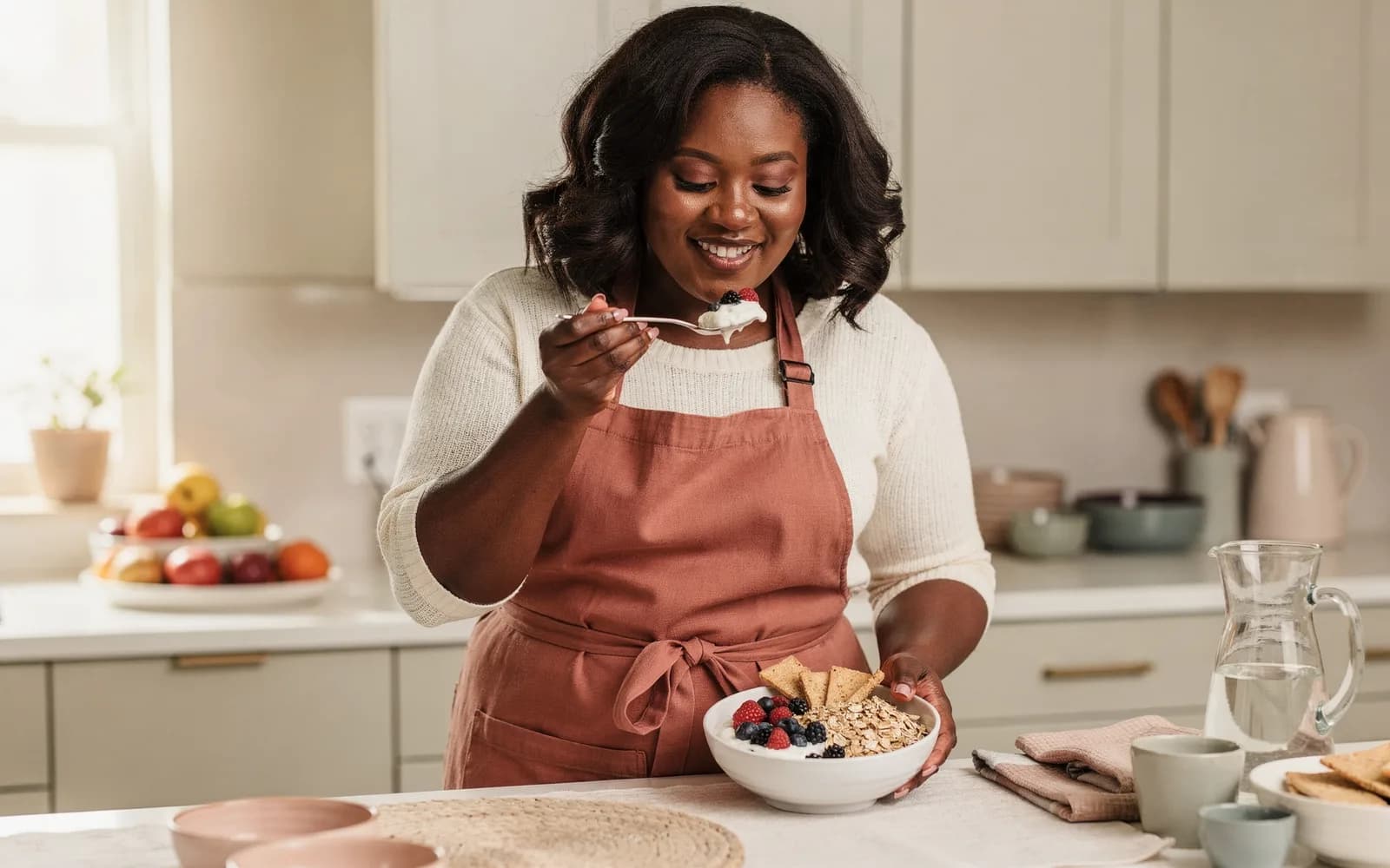 Woman tasting a colorful yogurt and berry breakfast bowl at a sunlit kitchen counter.