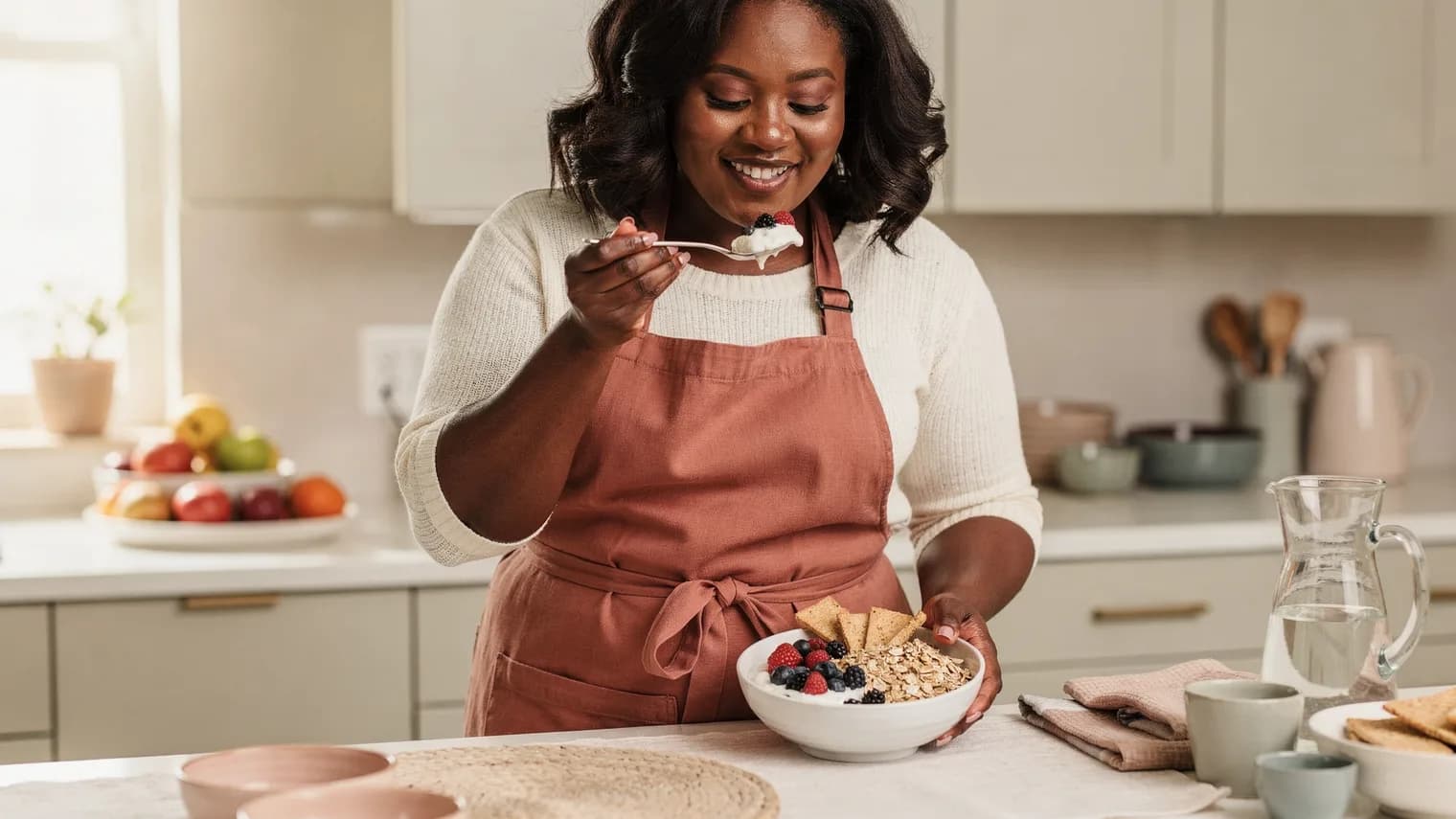 Woman tasting a colorful yogurt and berry breakfast bowl at a sunlit kitchen counter.
