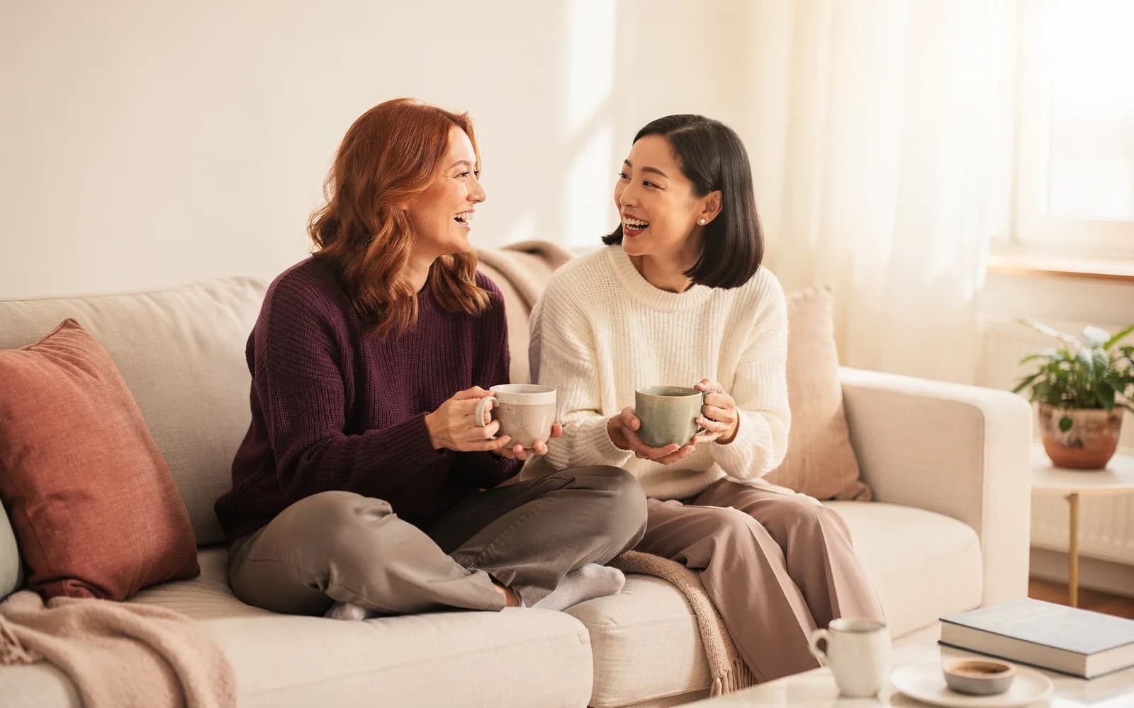 Two friends laughing softly over mugs of tea on a sofa in warm afternoon light.