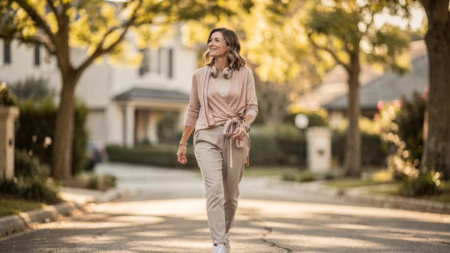 A woman walks a tree-lined street at sunrise, headphones around her neck, face lifted toward the morning light.